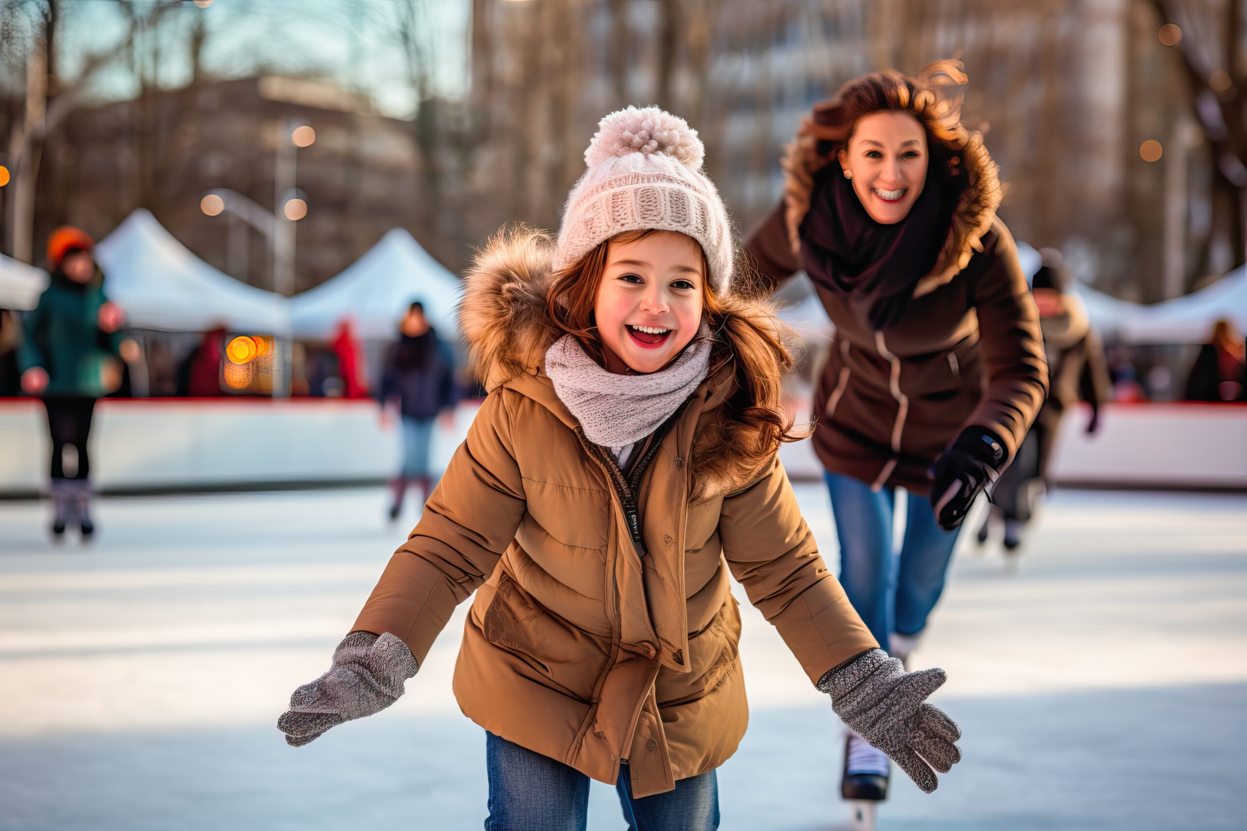 In Winter : Mother and daughter ice skating on a rink in the city