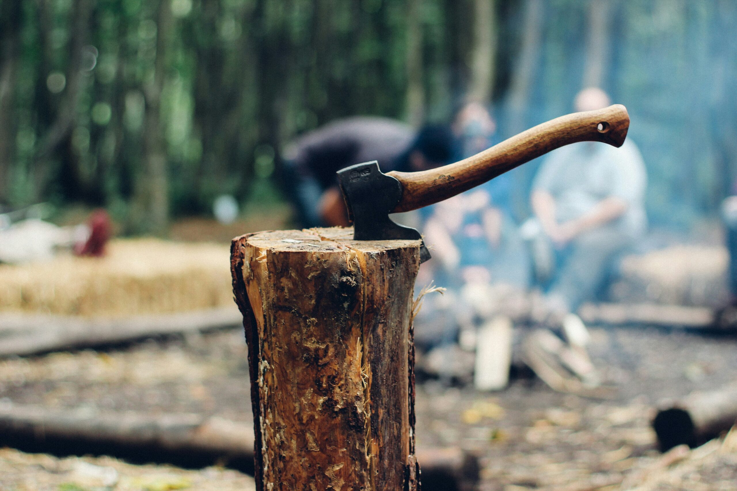 An axe sticking into a piece of wood to demonstrate the axe throwing in York